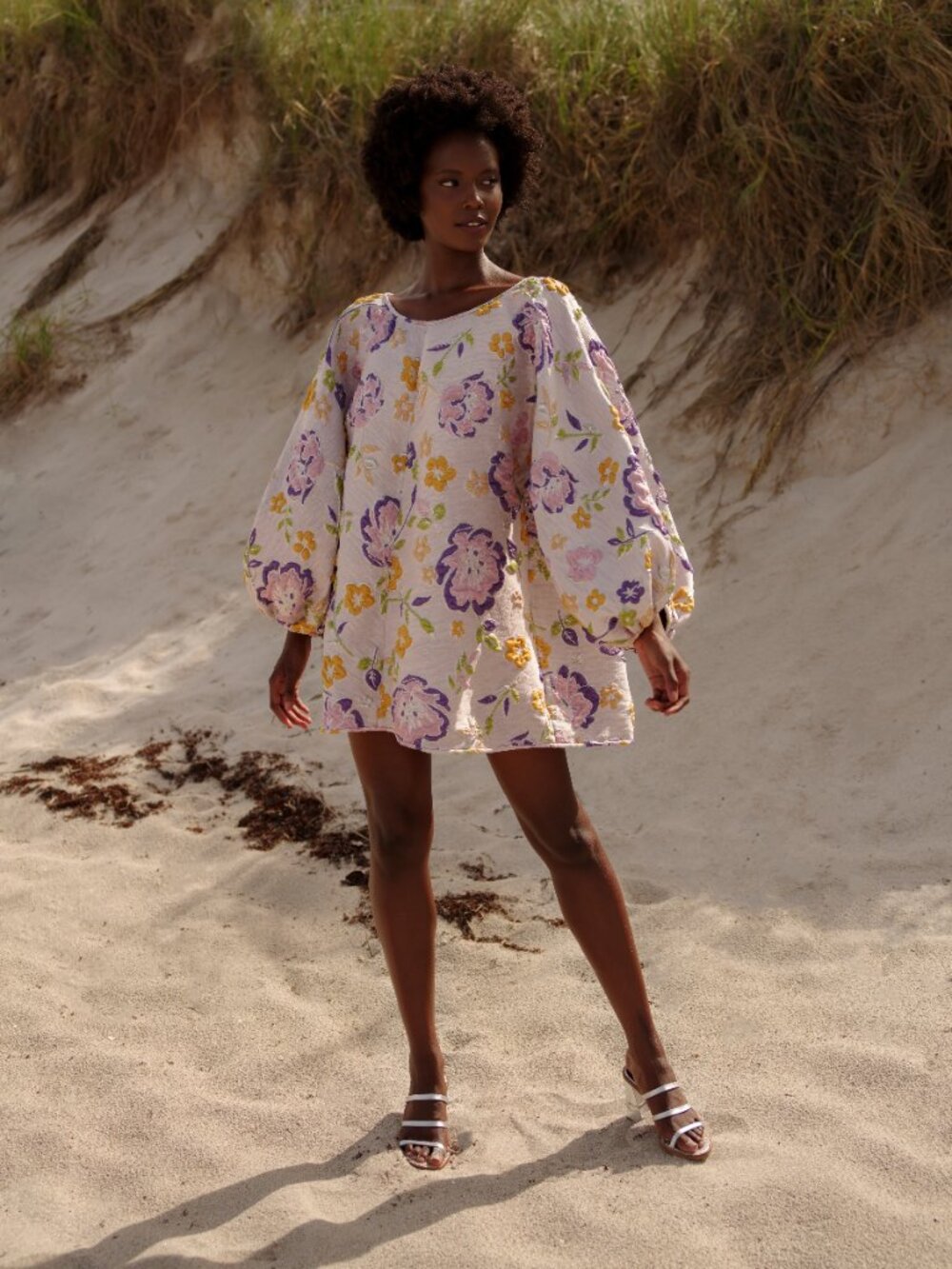 Arianne Elmy Good Luck Mini Dress Lavender SZ M Metallic Jacquard Floral